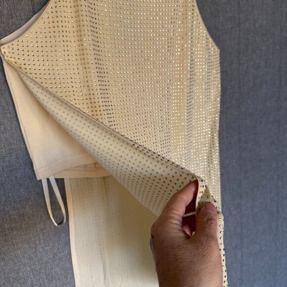 Y2k Sheri Bodell Cream Gold Drop Embellished Slinky Open Side Strappy Top - Picture 6 of 13